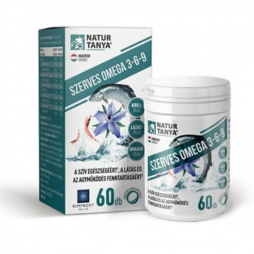 Natur Tanya® Szerves Omega 3-6-9 zsírsavak 3 féle természetes olajforrásból, standardizált lazac-, borágó- és krill olaj 60 db 